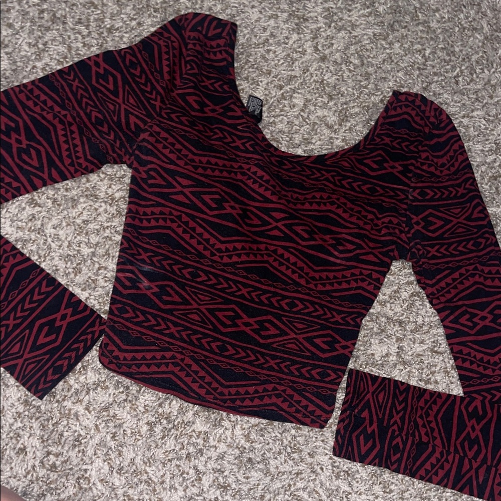 Forever 21 Red and Black Geometric Long Sleeve crop Top cross cross back